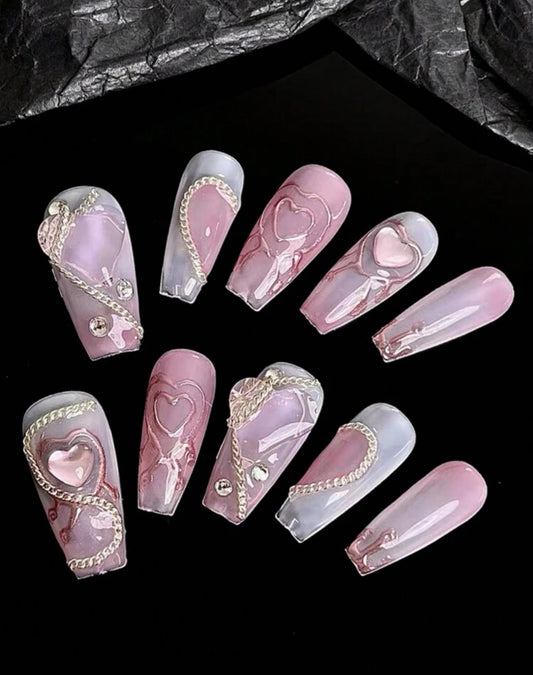 Pink Hearts 💕 - Press On Nails Set (10Pcs, Long coffin)