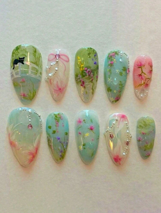 Date at the pond 🪷- Press On Nails (24Pcs set, Almond style)